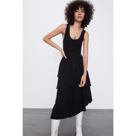 Zara black sleeveless boho ribbed tank top ruffle tiered maxi dress size XS - Picture 1 of 16